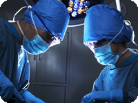 Surgeon conducting shoulder surgery in an operating room.